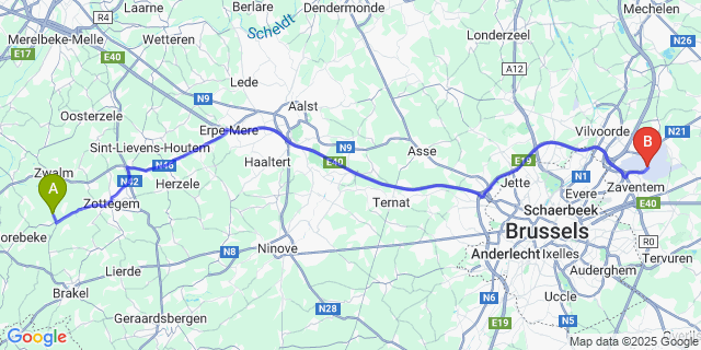 Map: Brussels Zaventem Airport (BRU) to Wijlegem