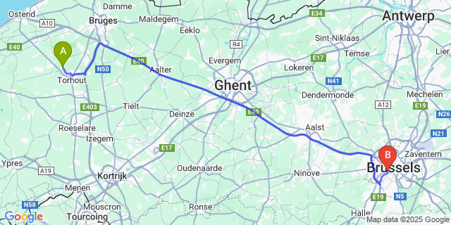 Map: Brussels Midi Train Station to Wijnendale