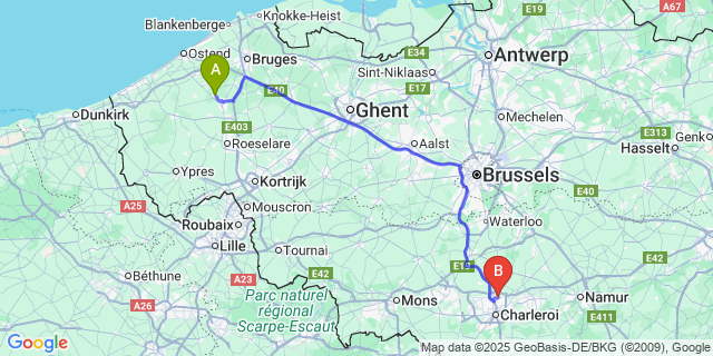 Map: Charleroi Airport Brussels South (CRL) to Wijnendale