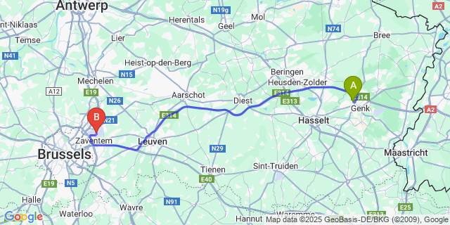 Map: Brussels Zaventem Airport (BRU) to Winterslag