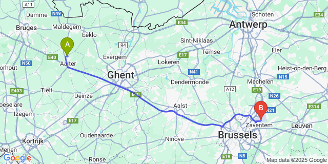Map: Brussels Zaventem Airport (BRU) to Woestijne