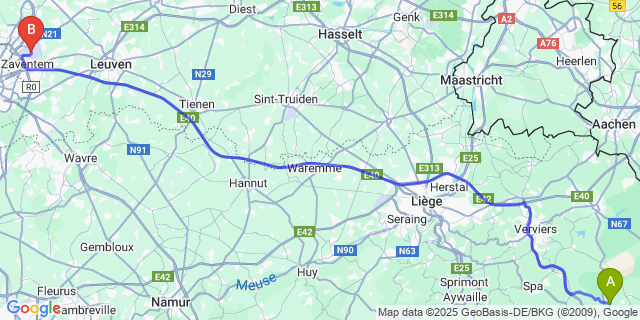 Map: Brussels Zaventem Airport (BRU) to Xhoffraix