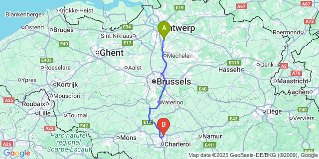 Map: Charleroi Airport Brussels South (CRL) to Zilverberg