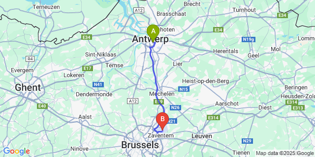 Map: Brussels Zaventem Airport (BRU) to Zurenborg