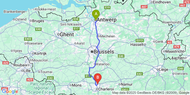 Map: Charleroi Airport Brussels South (CRL) to Zurenborg
