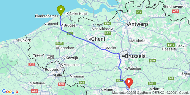 Map: Charleroi Airport Brussels South (CRL) to Zwankendamme