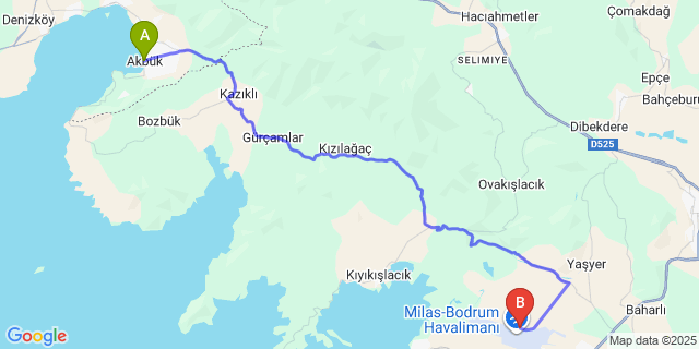 Map: Milas–Bodrum Airport (BJV) to Akbük