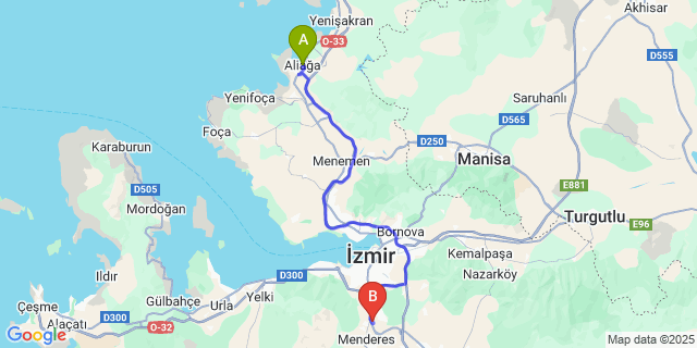 Map: Izmir Adnan Menderes Airport (ADB) to Aliağa