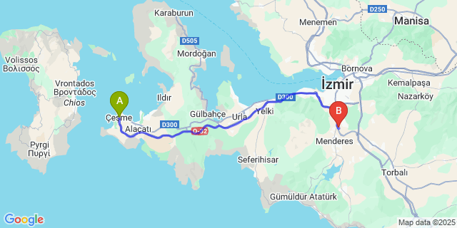 Map: Izmir Adnan Menderes Airport (ADB) to Çeşme