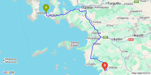Map: Milas–Bodrum Airport (BJV) to Çeşme