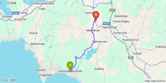 Map: Izmir Adnan Menderes Airport (ADB) to Gümüldür
