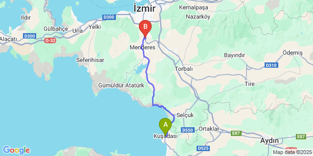 Map: Izmir Adnan Menderes Airport (ADB) to Kuşadası