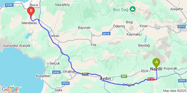 Map: Izmir Adnan Menderes Airport (ADB) to Nazilli