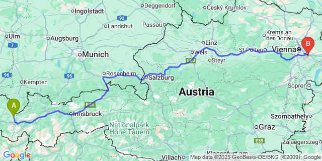 Map: Vienna Airport (VIE), Schwechat, Wien to Lech