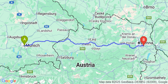 Map: Vienna Airport (VIE), Schwechat, Wien to Munich city (all areas)