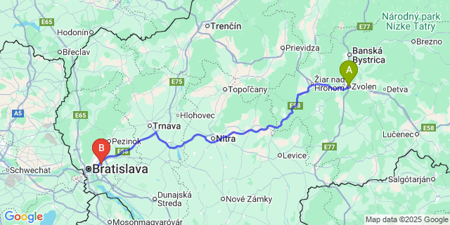 Map: Bratislava Airport (BTS) to Zvolen