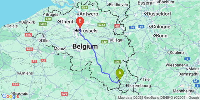 Map: Brussels Zaventem Airport (BRU) to Beckerich