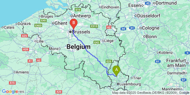 Map: Brussels Zaventem Airport (BRU) to Bissen