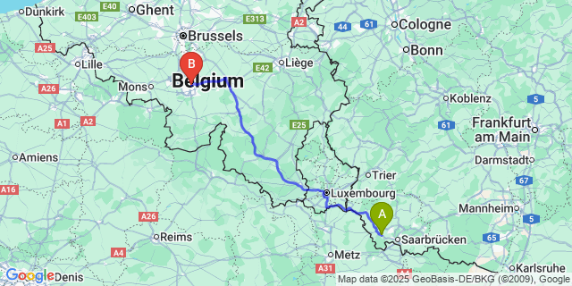 Map: Charleroi Airport Brussels South (CRL) to Bous