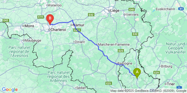 Map: Charleroi Airport Brussels South (CRL) to Colmar-Berg