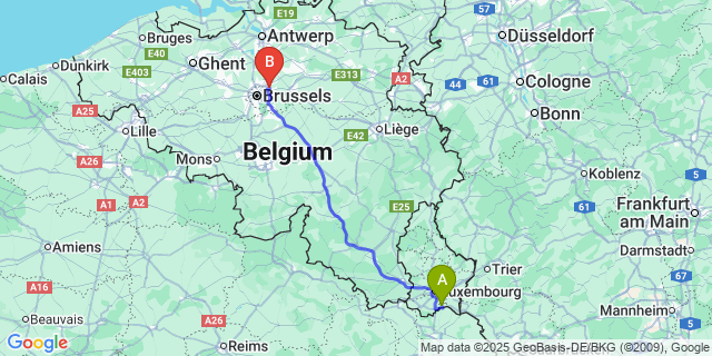 Map: Brussels Zaventem Airport (BRU) to Frisange