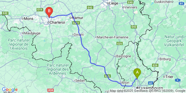 Map: Charleroi Airport Brussels South (CRL) to Lintgen