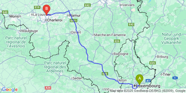 Map: Charleroi Airport Brussels South (CRL) to Sandweiler