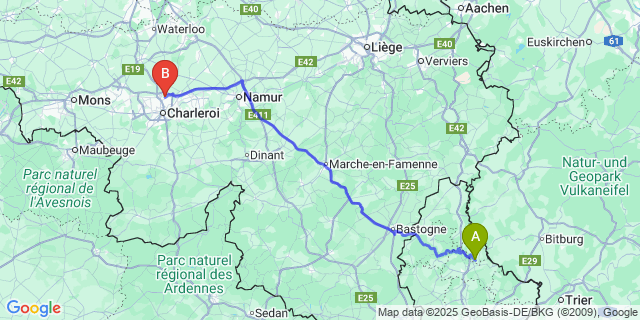 Map: Charleroi Airport Brussels South (CRL) to Tandel