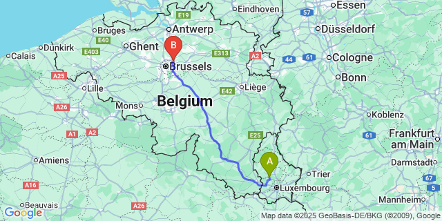 Map: Brussels Zaventem Airport (BRU) to Tuntange