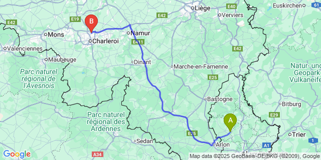 Map: Charleroi Airport Brussels South (CRL) to Useldange