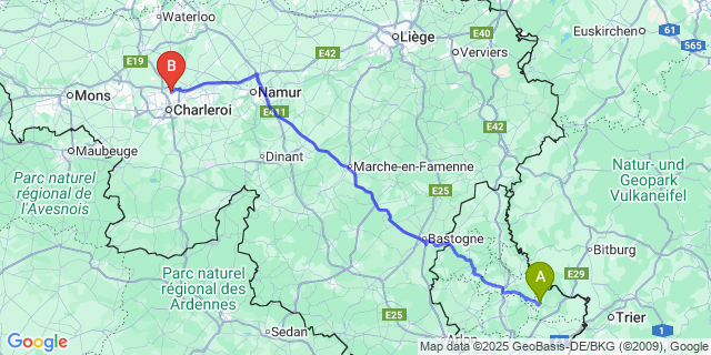 Map: Charleroi Airport Brussels South (CRL) to Waldbillig