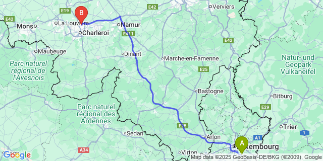 Map: Charleroi Airport Brussels South (CRL) to Weiler-la-Tour