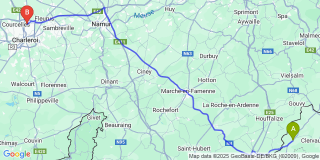 Map: Charleroi Airport Brussels South (CRL) to Wincrange