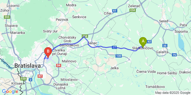 Map: Bratislava Airport (BTS) to Sládkovičovo