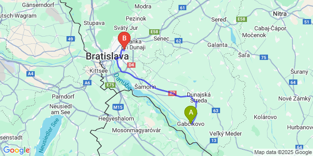 Map: Bratislava Airport (BTS) to Gabčíkovo