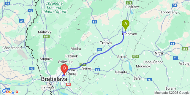 Map: Bratislava Airport (BTS) to Leopoldov