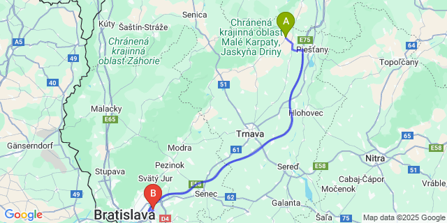 Map: Bratislava Airport (BTS) to Vrbové