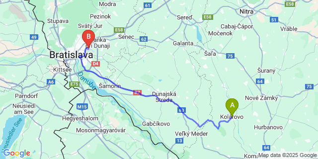 Map: Bratislava Airport (BTS) to Kolárovo