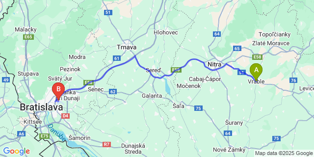 Map: Bratislava Airport (BTS) to Vráble