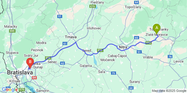 Map: Bratislava Airport (BTS) to Zlaté Moravce