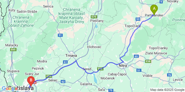 Map: Bratislava Airport (BTS) to Partizánske