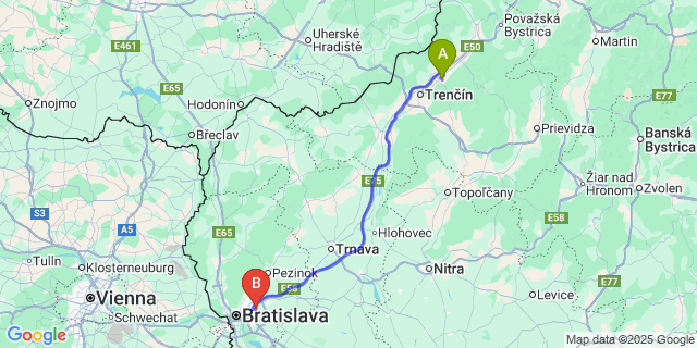 Map: Bratislava Airport (BTS) to Nová Dubnica