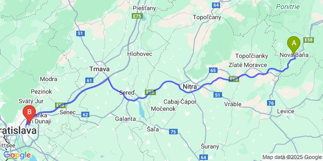 Map: Bratislava Airport (BTS) to Nová Baňa
