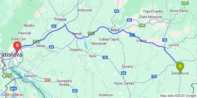 Map: Bratislava Airport (BTS) to Želiezovce