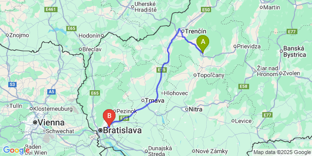 Map: Bratislava Airport (BTS) to Bánovce nad Bebravou