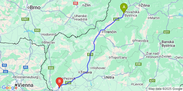 Map: Bratislava Airport (BTS) to Považská Bystrica