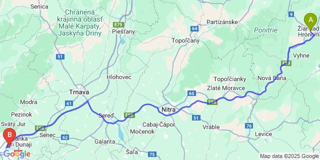 Map: Bratislava Airport (BTS) to Žiar nad Hronom