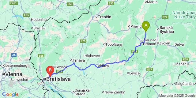 Map: Bratislava Airport (BTS) to Kremnica