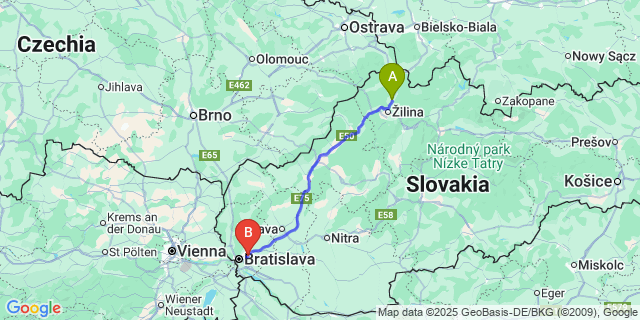 Map: Bratislava Airport (BTS) to Kysucké Nové Mesto