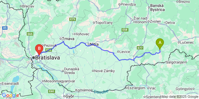 Map: Bratislava Airport (BTS) to Modrý Kameň